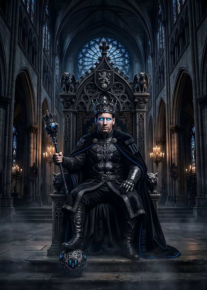 King Messi on Throne Gothic Style