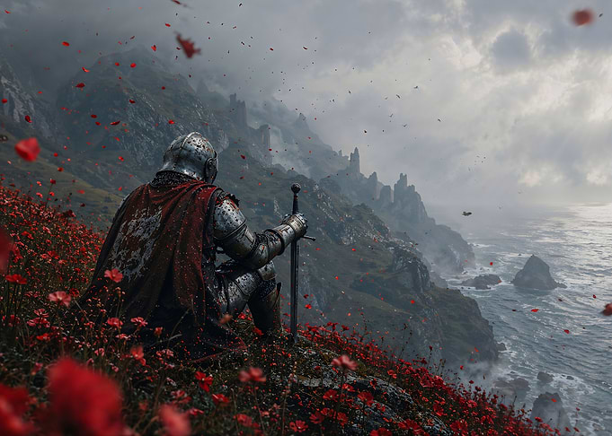 Knight in a field of red flowers