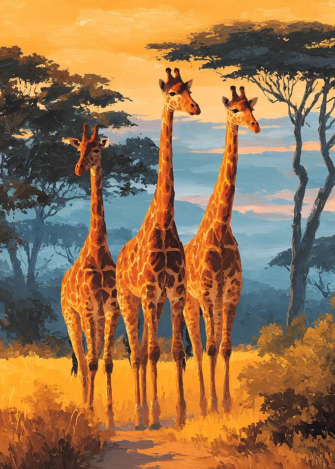Three Giraffes in African Savannah