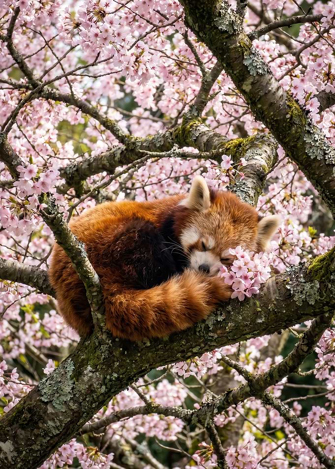 Red raccon Sleeping Among Cherry Blossoms