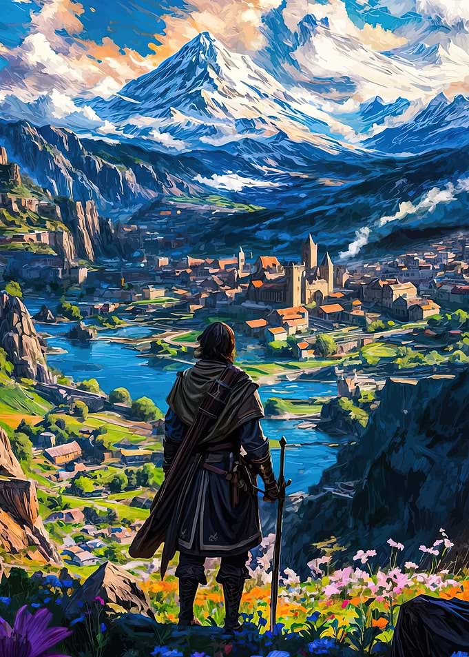 Fantasy Warrior Overlooking a City