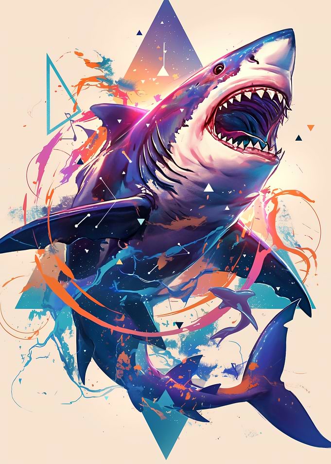 Aggressive Shark with Geometric Art