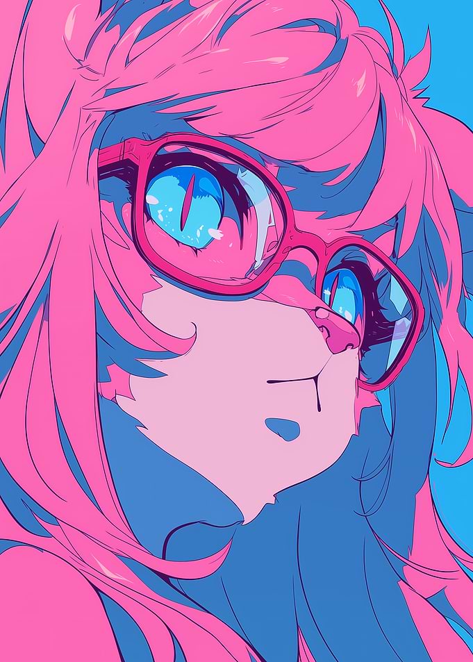 Anime Cat Girl with Pink Hair and Glasses