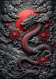 Dragon and Red Sun Relief Artwork