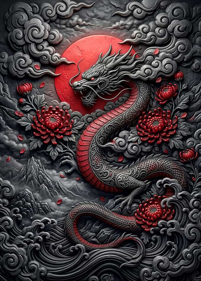 Dragon and Red Sun Relief Artwork