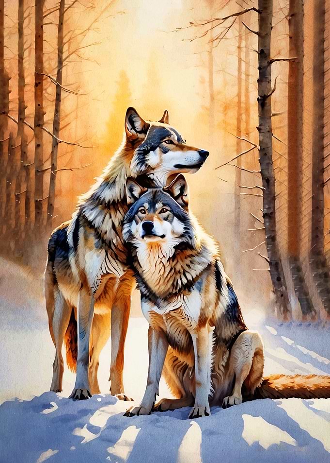 Two wolves in a snowy forest