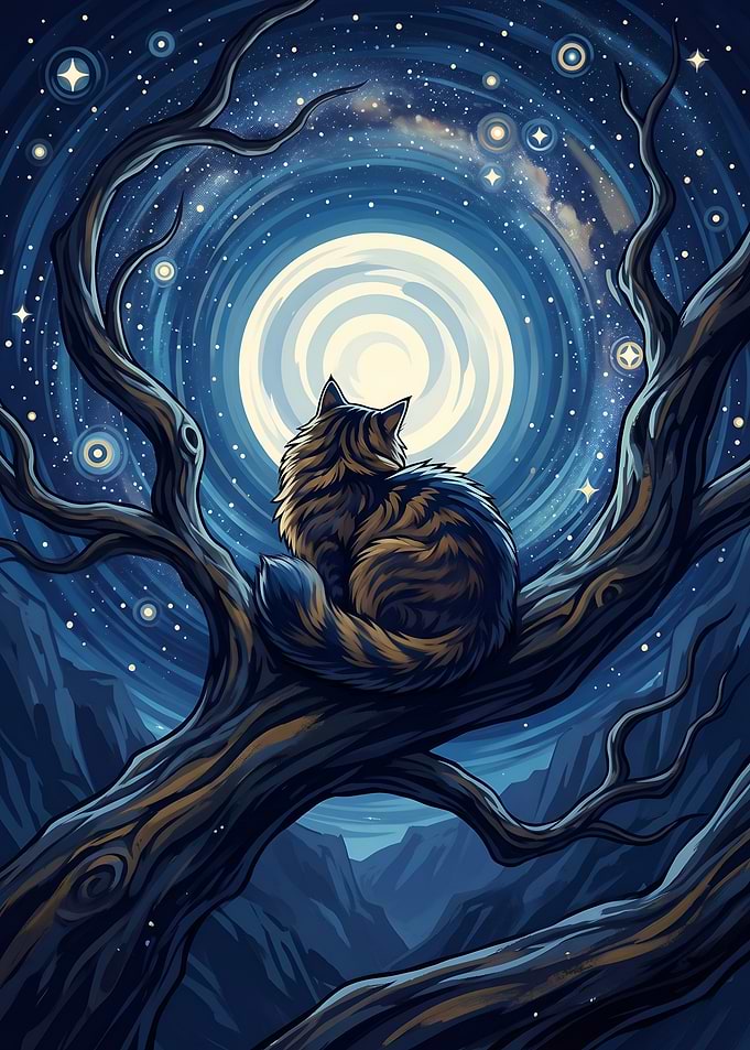 Stargazing Feline in the Mystic Night