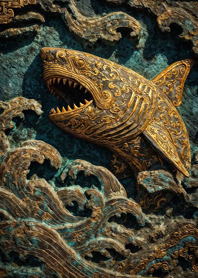 Golden Shark Sea Wave Relief