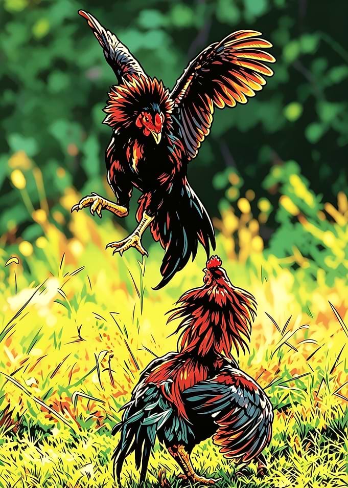 Two Roosters Fighting in a Field