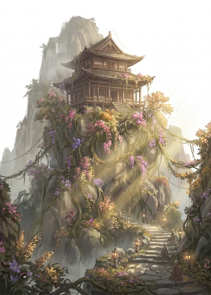 Serene Mountain Temple with Monks