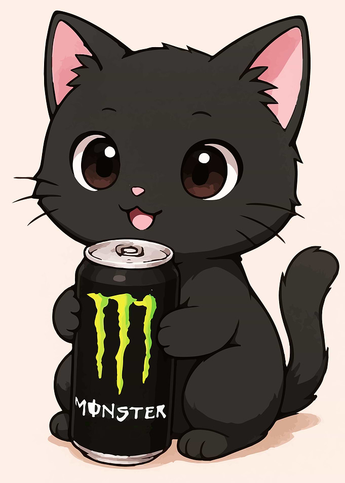 Cute Black Cat Holding Monster Energy Can