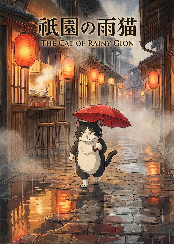 Cat with Umbrella in Rainy Gion
