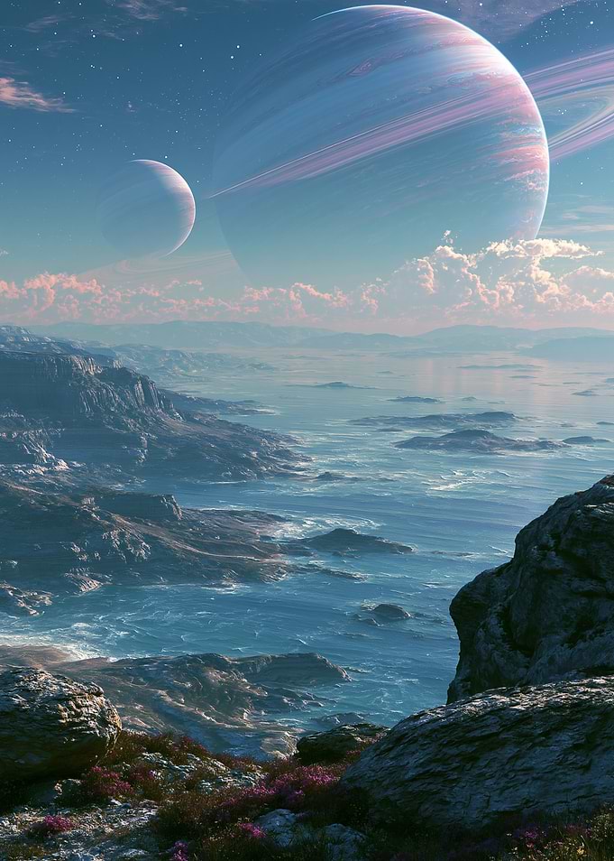 Alien Planet Landscape with Ringed Planets