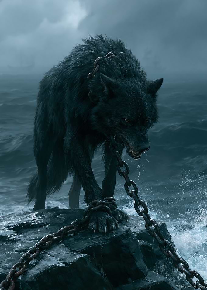 Chained Wolf on Rocky Shore