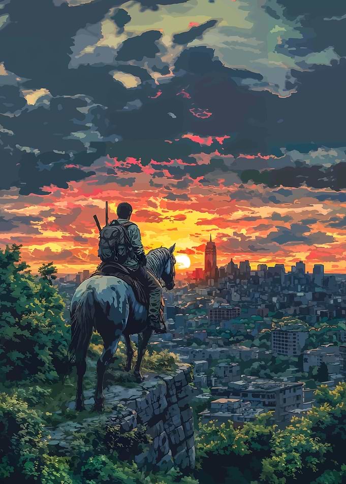 Post-apocalyptic rider overlooking city at sunset