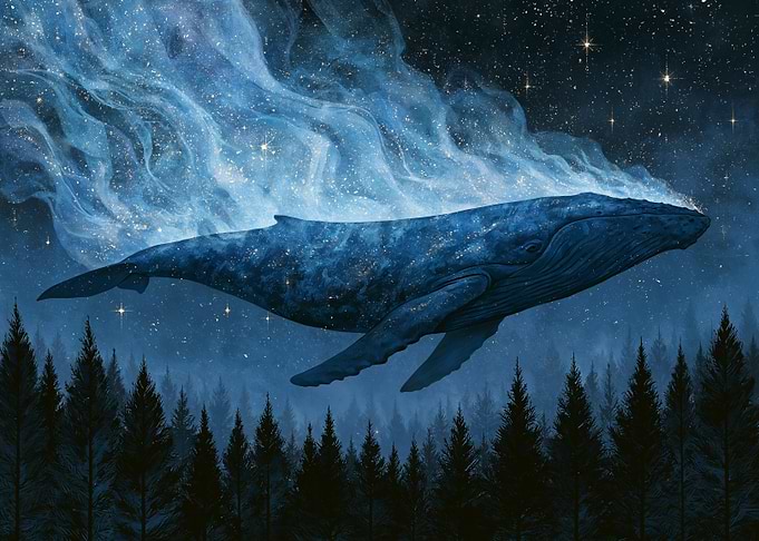 Whale swimming through starry sky