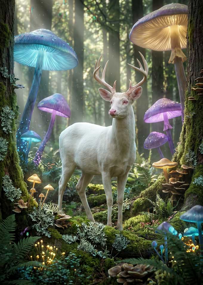 Enchanted Forest with White Stag and Glowing Mushrooms