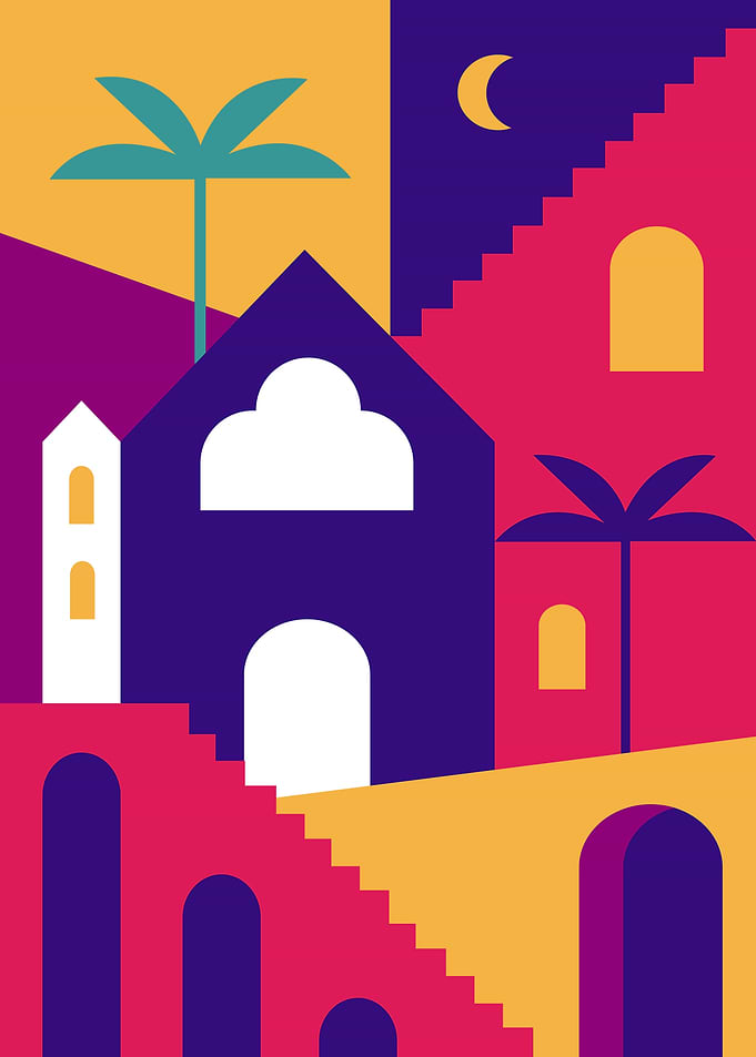 Abstract Geometric Cityscape with Palm Trees