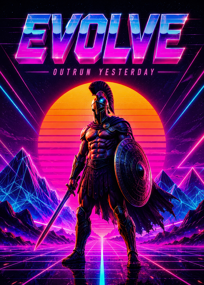 Retro Warrior with Neon Sunset