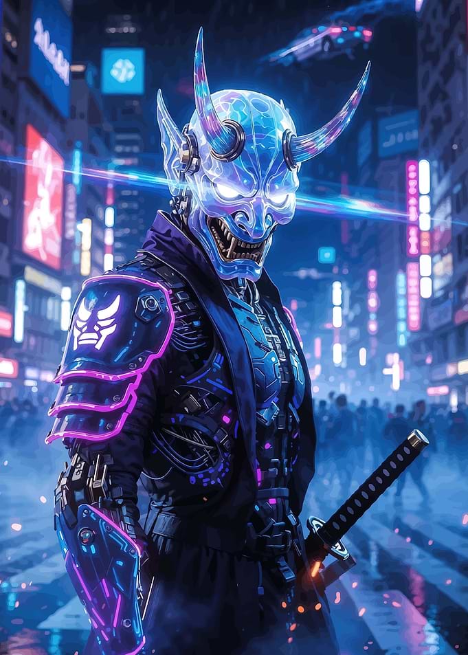 Cyberpunk Oni Samurai in Neon City