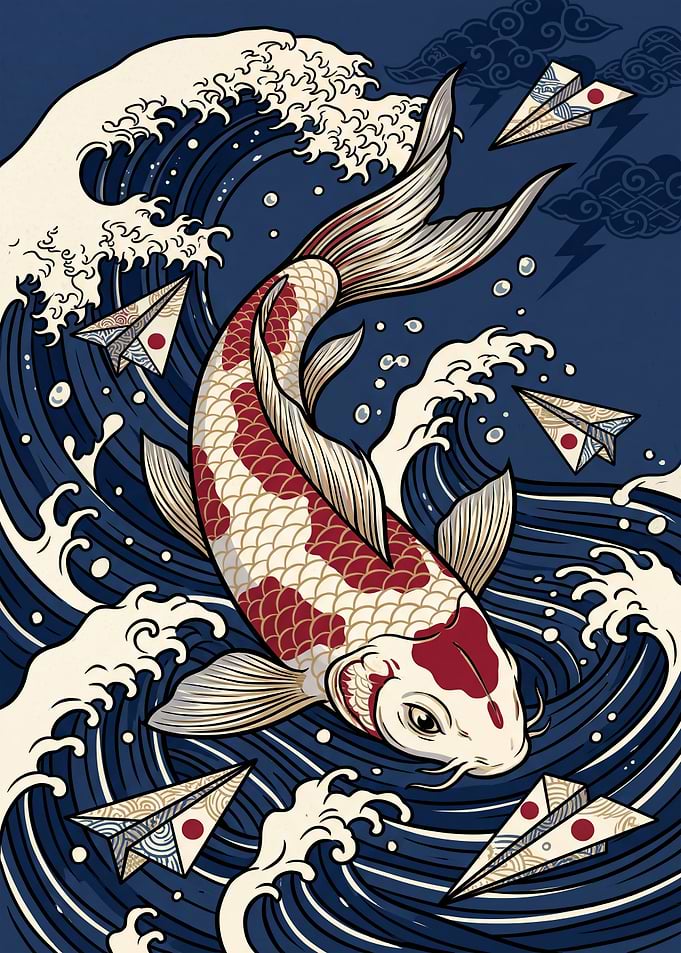 Koi Fish and Paper Airplanes in Waves