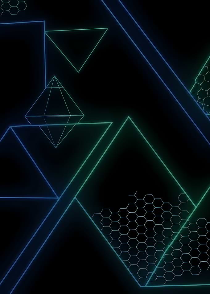 Futuristic Neon Geometric Shapes with Wireframe Octahedron and Honeycomb Pattern
