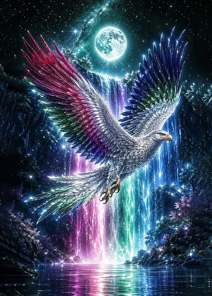 Eagle with Rainbow Wings Over Waterfall