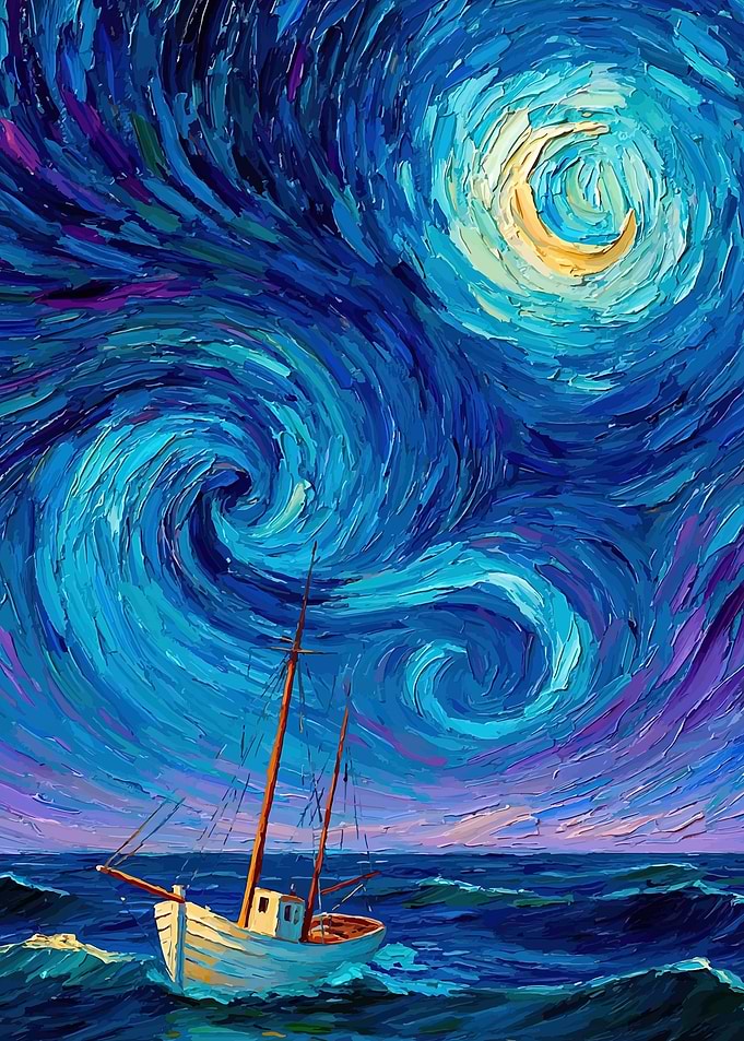 Boat on a Starry Night Sea