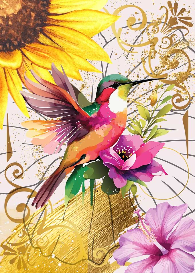 Hummingbird and Flowers Watercolor Art