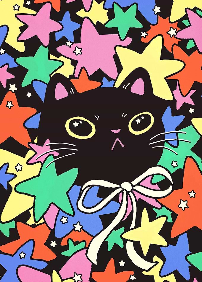 Cute Black Cat with Stars and Bow