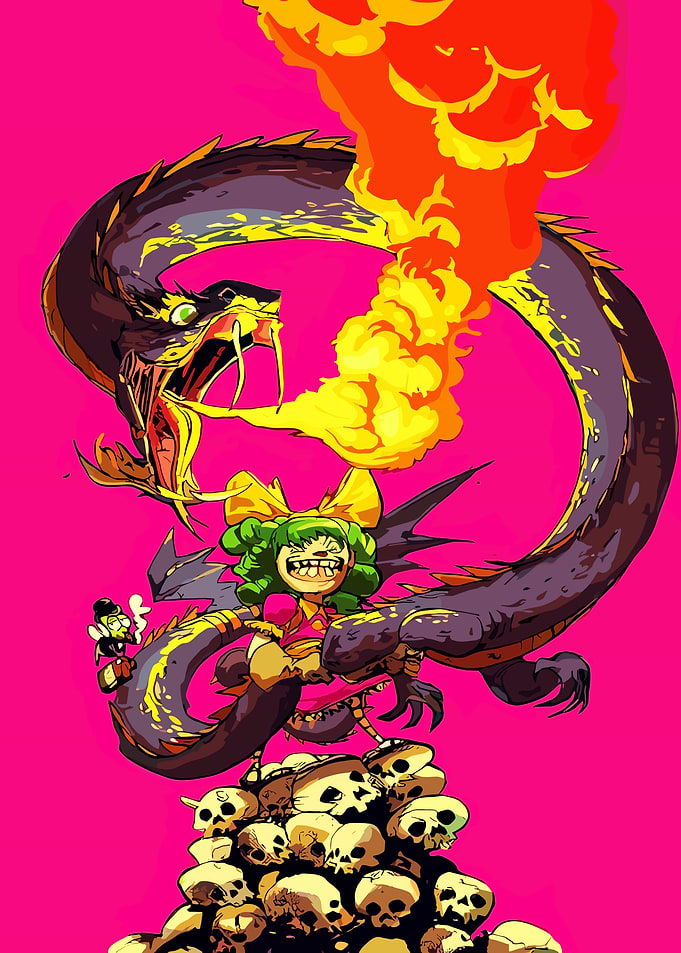 Dragon breathing fire on a pile of skulls