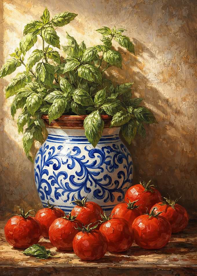 Mediterranean Tomato Basil Still Life