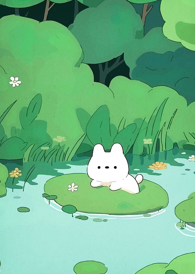 Cute White Cat on Lily Pad