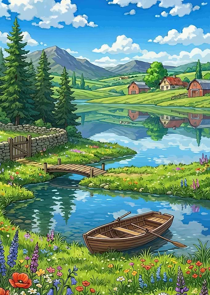 Idyllic Lakeside Farm Landscape