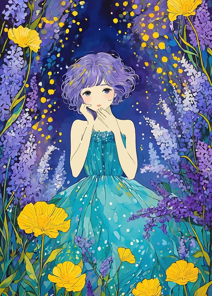 Anime Girl in Blue Dress Among Flowers