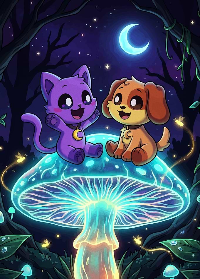 Cute Cat and Dog on Glowing Mushroom