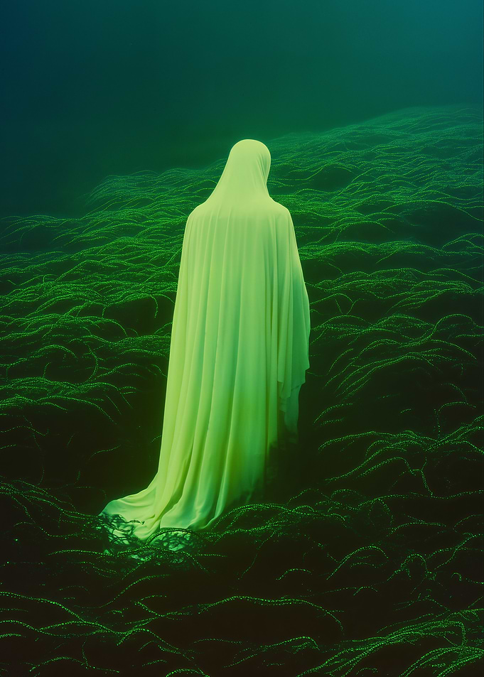 Ghostly Figure in Underwater Landscape