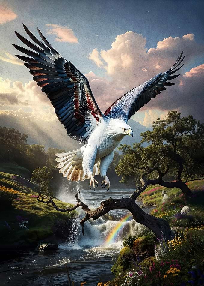 Majestic Eagle Soars Over Waterfall