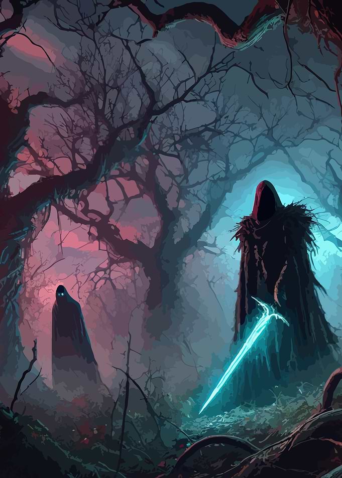 Mysterious figures in a dark forest