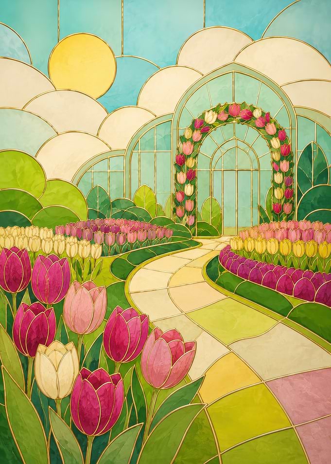 Stained Glass Garden Path with Tulips