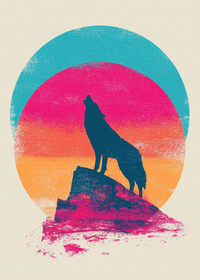 Wolf howling at a retro sunset