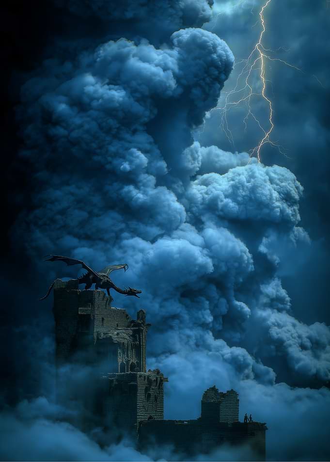 Dragon on Ruined Castle During Storm