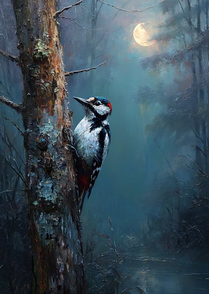 Woodpecker on a Tree Under the Moon