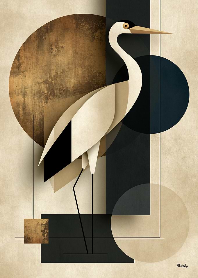 Golden Japandi Tsuru Crane No. 03 β Japanese Geometric Wall Art