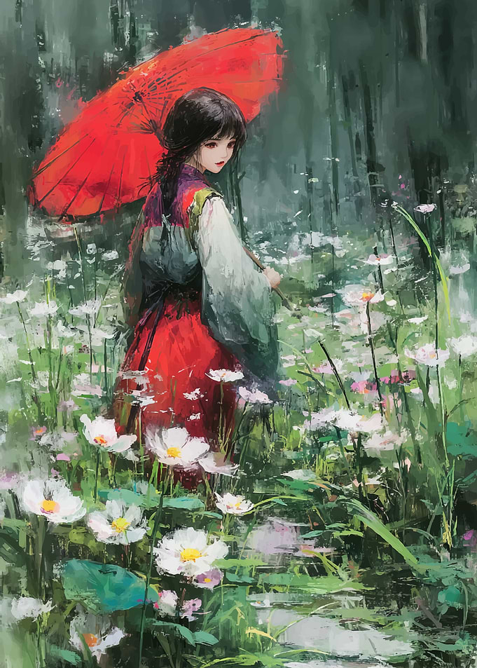 Girl with Red Umbrella in Flower Field
