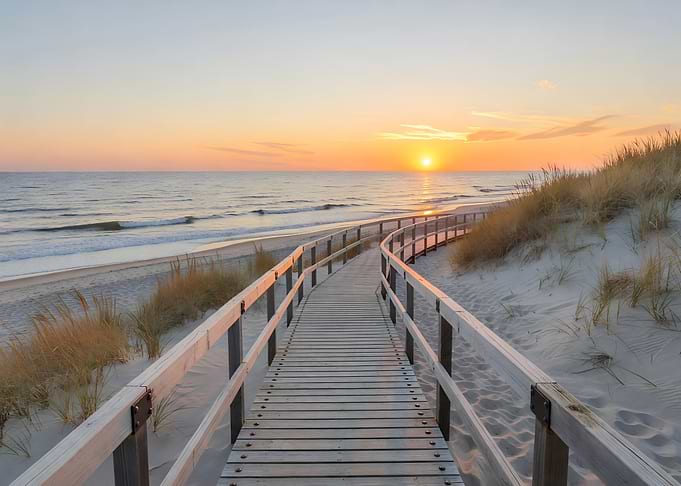 Wooden Bridge to the Sea Beach at Sunset