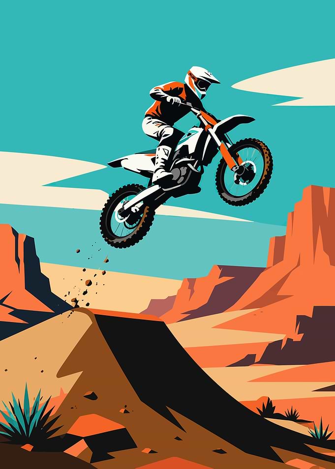 Motocross Rider Jumps Over Desert Ramp