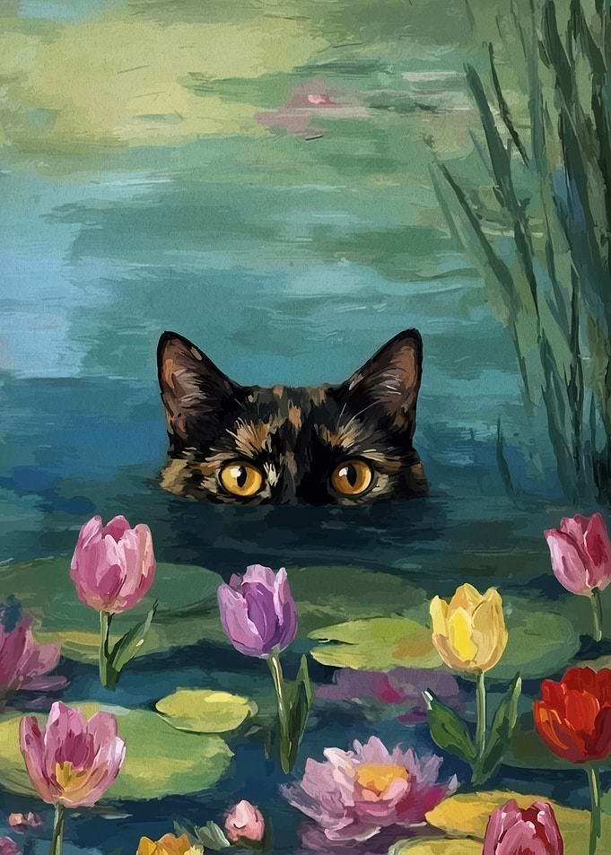 Cat Peeking from Water Among Flowers