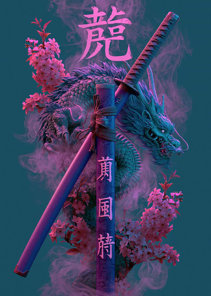 Dragon and Katana with Cherry Blossoms
