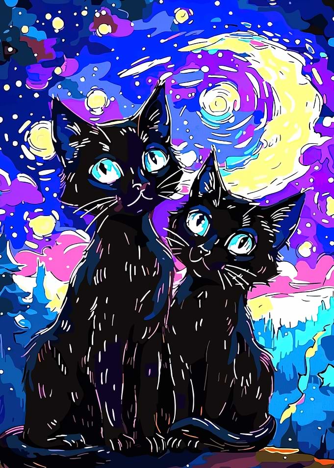 Two Black Cats Under a Starry Sky